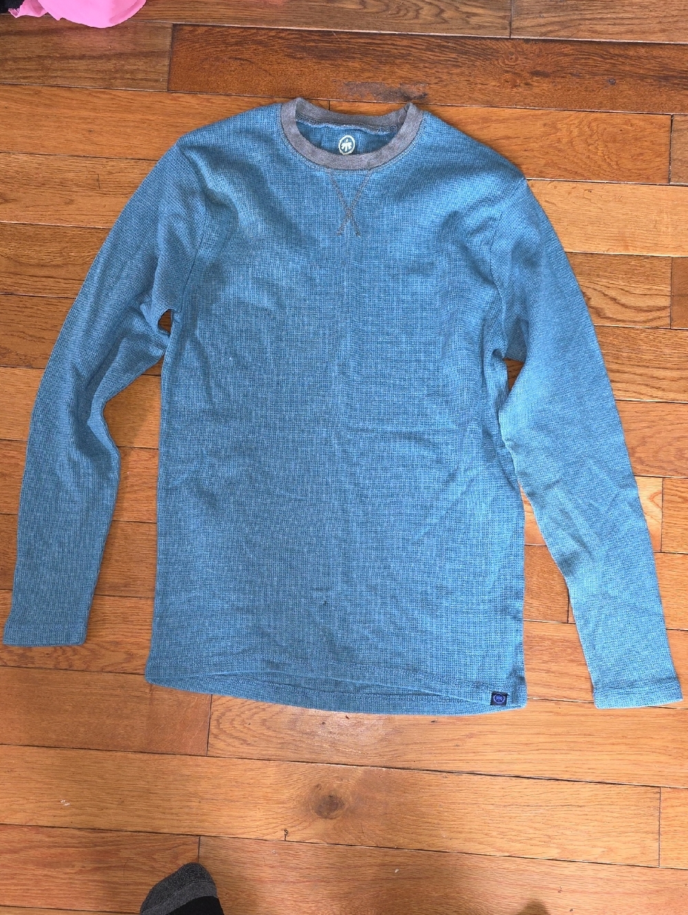 65 - Men's Long Sleeve Thermal Crewneck Shirt - Blue with Contrast Trim